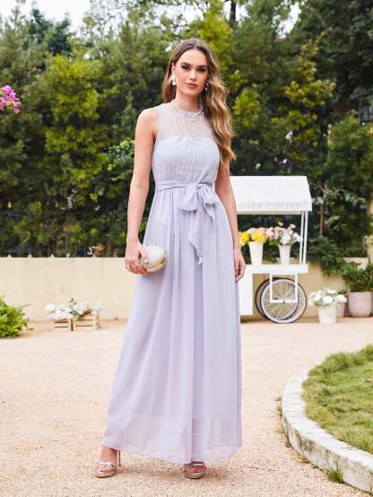 Long Off The Shoulder Round Neck Chiffon Bridesmaid Dress with Floral Lace and Ruffle - YESBABYONLINE