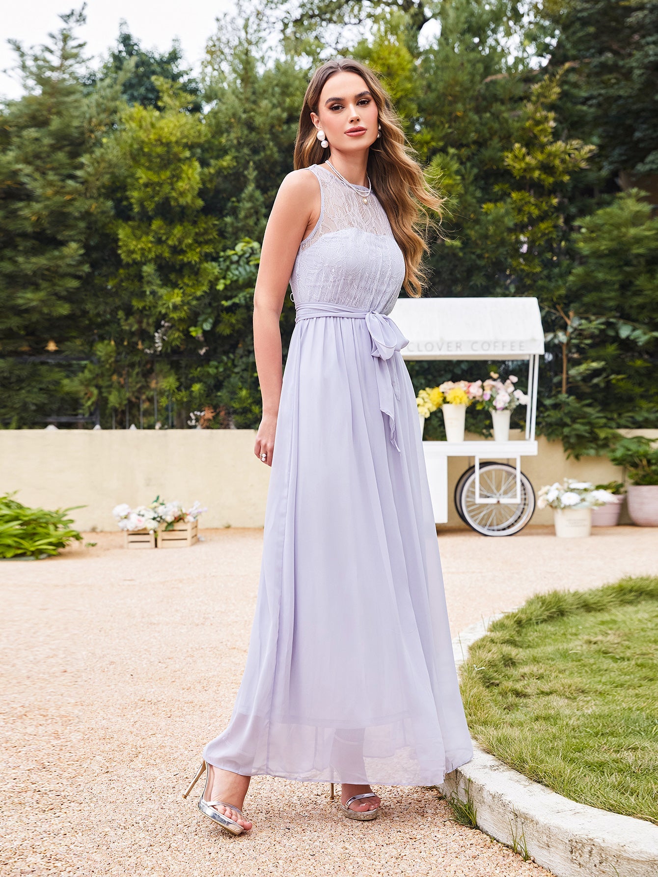 Long Off The Shoulder Round Neck Chiffon Bridesmaid Dress with Floral Lace and Ruffle - YESBABYONLINE