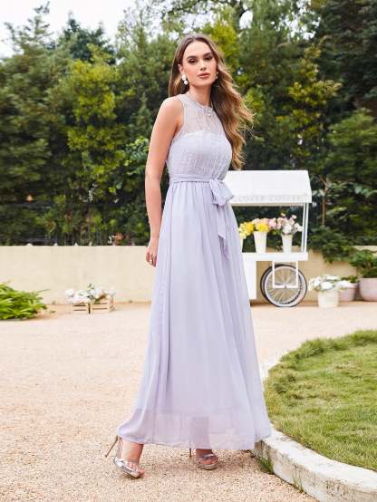 Long Off The Shoulder Round Neck Chiffon Bridesmaid Dress with Floral Lace and Ruffle - YESBABYONLINE