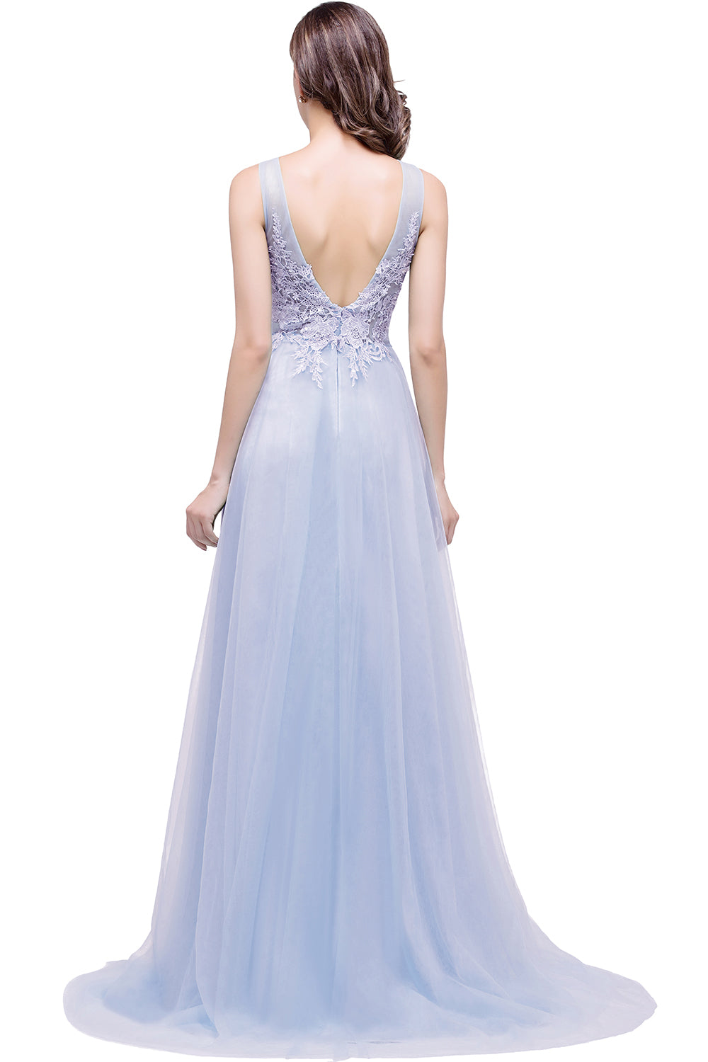 Long Sleeveless Round Neck Tulle A line Lace Appliques Bridesmaid Dress - YESBABYONLINE