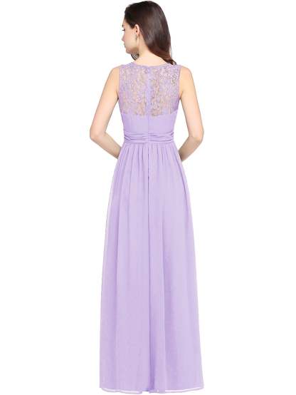 Long A Line Round Neck Chiffon Floor Length Formal Dresses - YESBABYONLINE