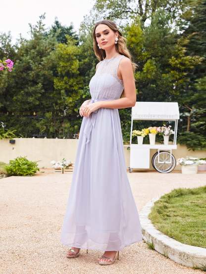 Long Off The Shoulder Round Neck Chiffon Bridesmaid Dress with Floral Lace and Ruffle - YESBABYONLINE