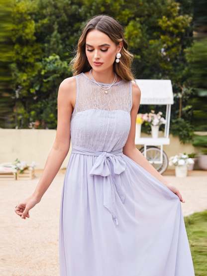 Long Off The Shoulder Round Neck Chiffon Bridesmaid Dress with Floral Lace and Ruffle - YESBABYONLINE