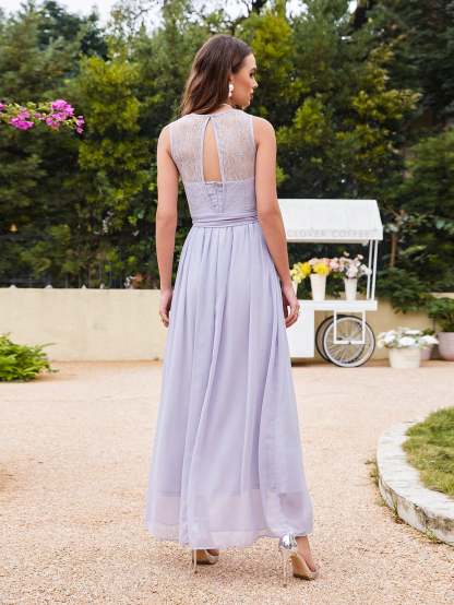Long Off The Shoulder Round Neck Chiffon Bridesmaid Dress with Floral Lace and Ruffle - YESBABYONLINE
