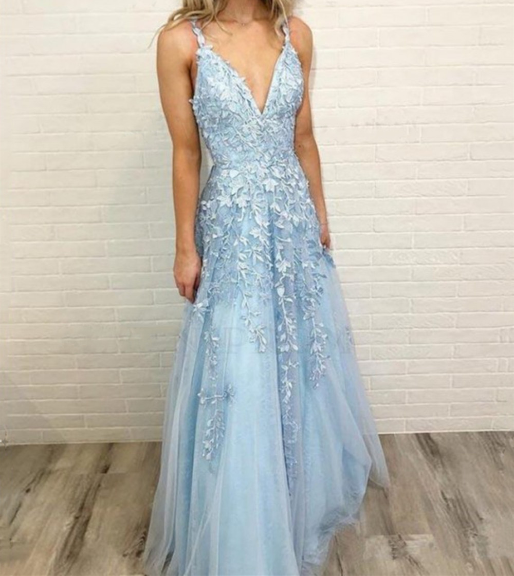Light Blue Appliques Lace Spaghetti Straps A-Line Tulle Long Prom Dresses
