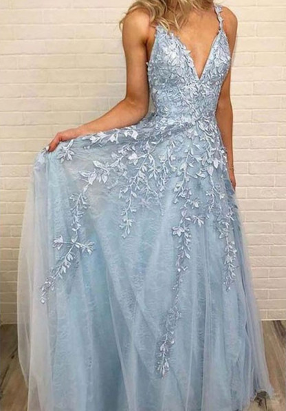 Light Blue Appliques Lace Spaghetti Straps A-Line Tulle Long Prom Dresses