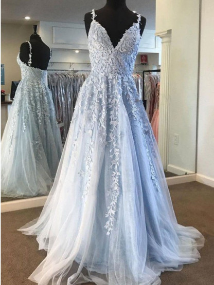 Light Blue Appliques Lace Spaghetti Straps A-Line Tulle Long Prom Dresses