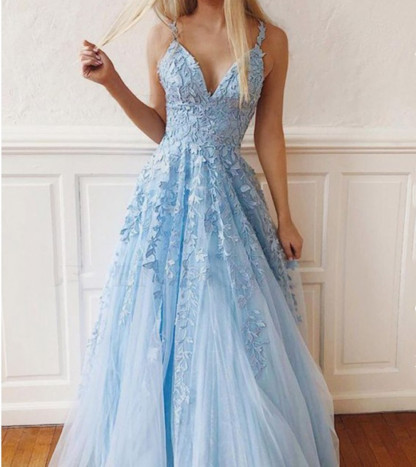 Light Blue Appliques Lace Spaghetti Straps A-Line Tulle Long Prom Dresses