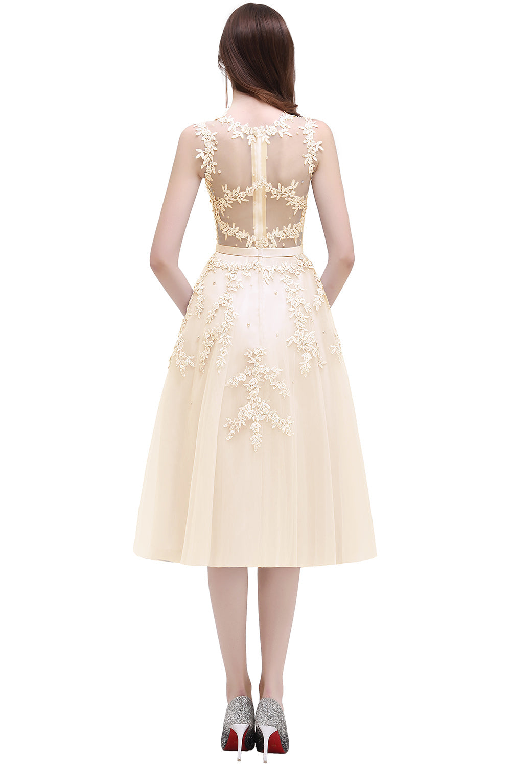 Short A Line Sleeveless Crew Neck Tulle Lace Formal Dress - YESBABYONLINE