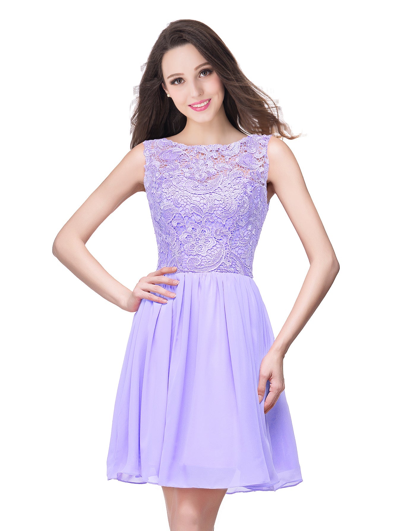 Short A line Lace Sleeveless Chiffon Homecoming Dress - YESBABYONLINE