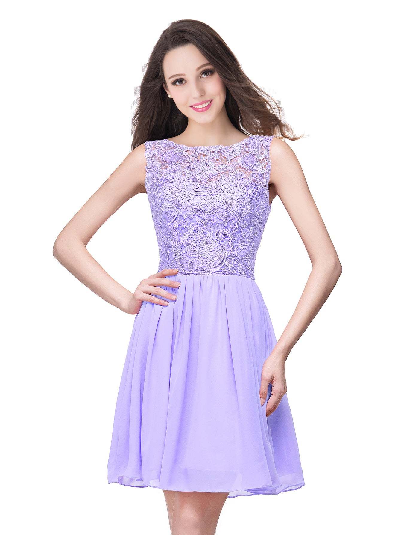 Short A line Lace Sleeveless Chiffon Homecoming Dress - YESBABYONLINE