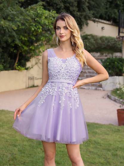 Short A-line Mini Tulle Formal Dress with Lace Appliques - YESBABYONLINE