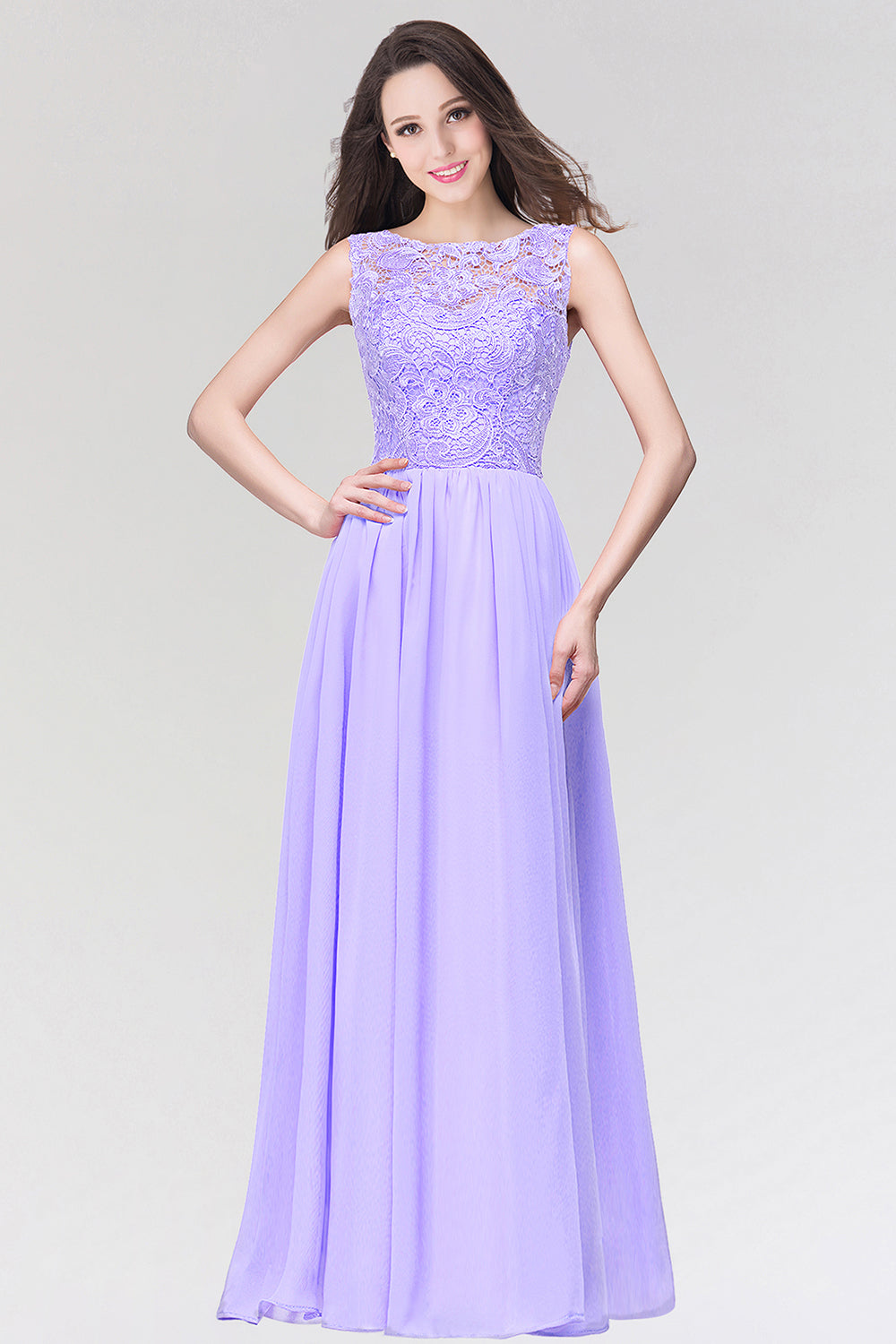 Long Chiffon Lace Sleeveless A Line Ruched Bridesmaid Dress - YESBABYONLINE