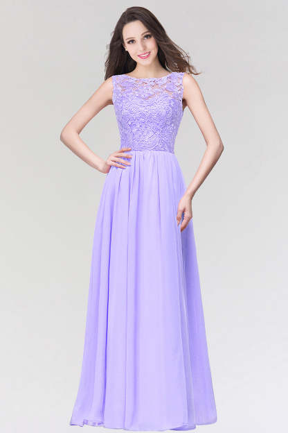 Long Chiffon Lace Sleeveless A Line Ruched Bridesmaid Dress - YESBABYONLINE