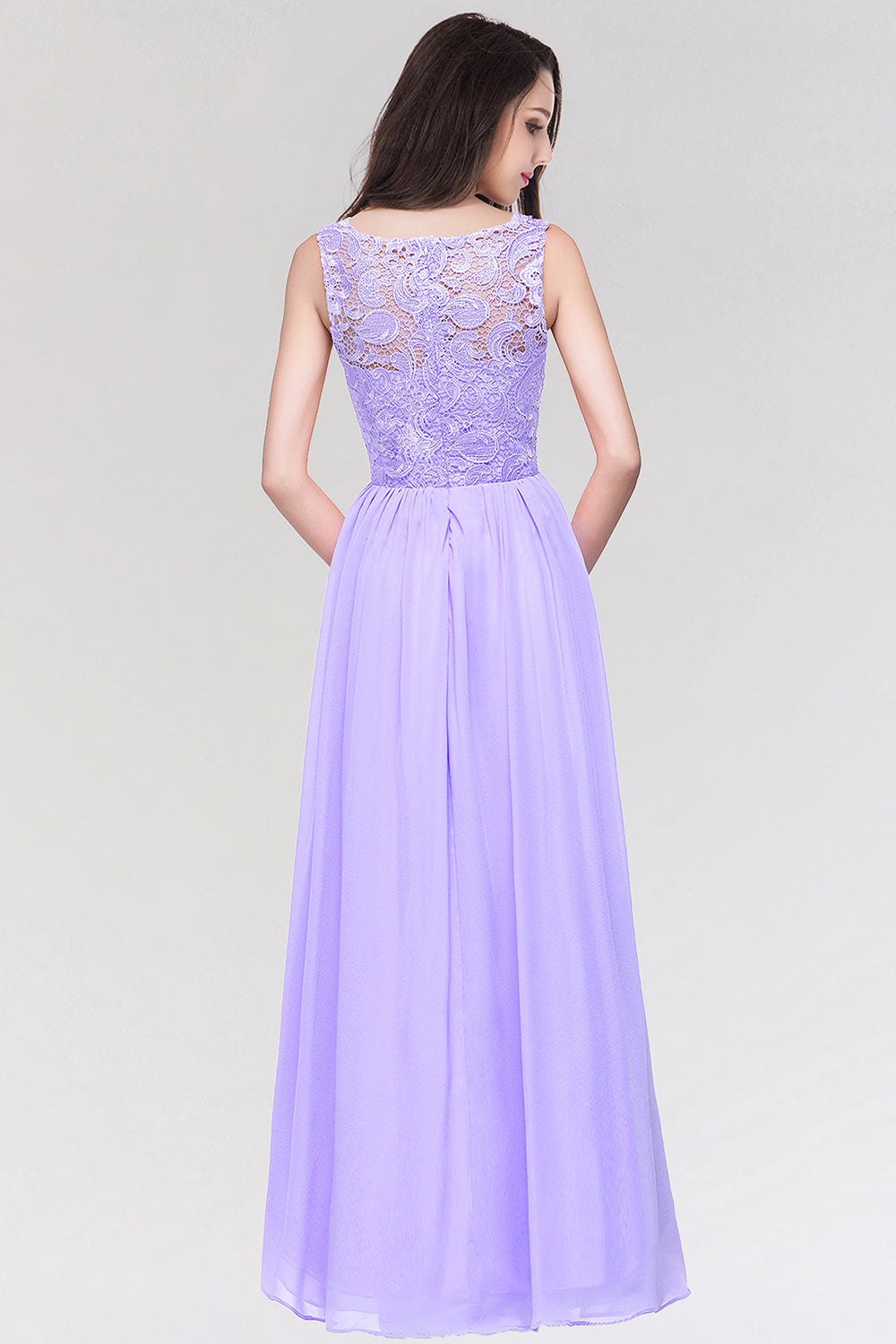 Long Chiffon Lace Sleeveless A Line Ruched Bridesmaid Dress - YESBABYONLINE