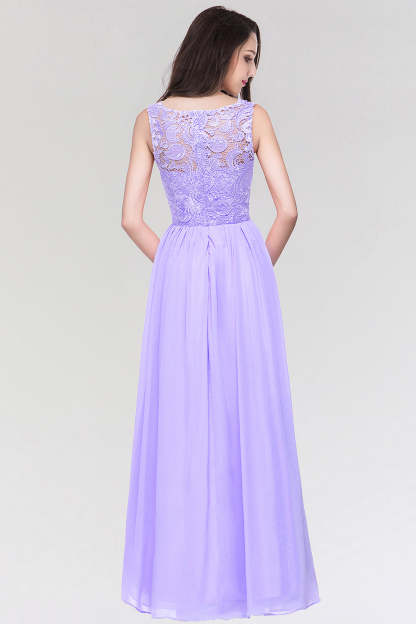 Long Chiffon Lace Sleeveless A Line Ruched Bridesmaid Dress - YESBABYONLINE