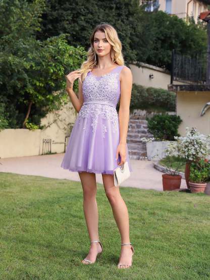 Short A-line Mini Tulle Formal Dress with Lace Appliques - YESBABYONLINE