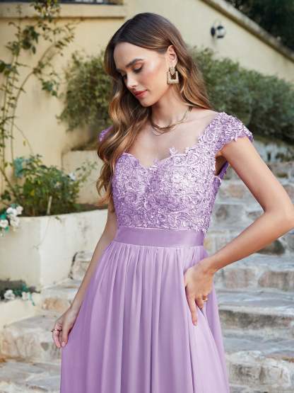 Long A line Scoop Neck Chiffon Floor Length Dress Lace Bridesmaid Dress - YESBABYONLINE