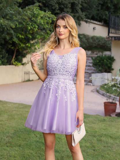 Short A-line Mini Tulle Formal Dress with Lace Appliques - YESBABYONLINE