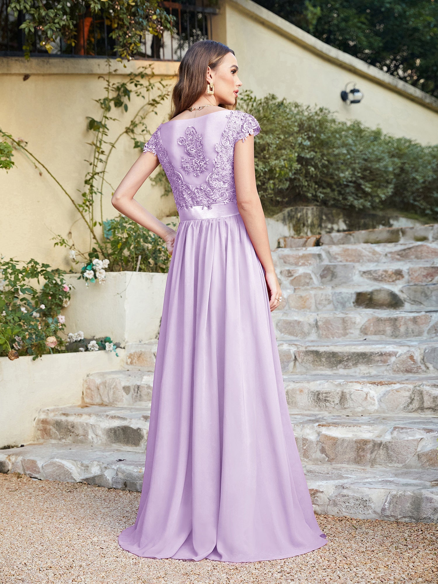 Long A line Scoop Neck Chiffon Floor Length Dress Lace Bridesmaid Dress - YESBABYONLINE