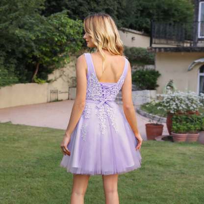 Short A-line Mini Tulle Formal Dress with Lace Appliques - YESBABYONLINE