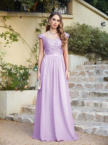 Long A line Scoop Neck Chiffon Floor Length Dress Lace Bridesmaid Dress - YESBABYONLINE