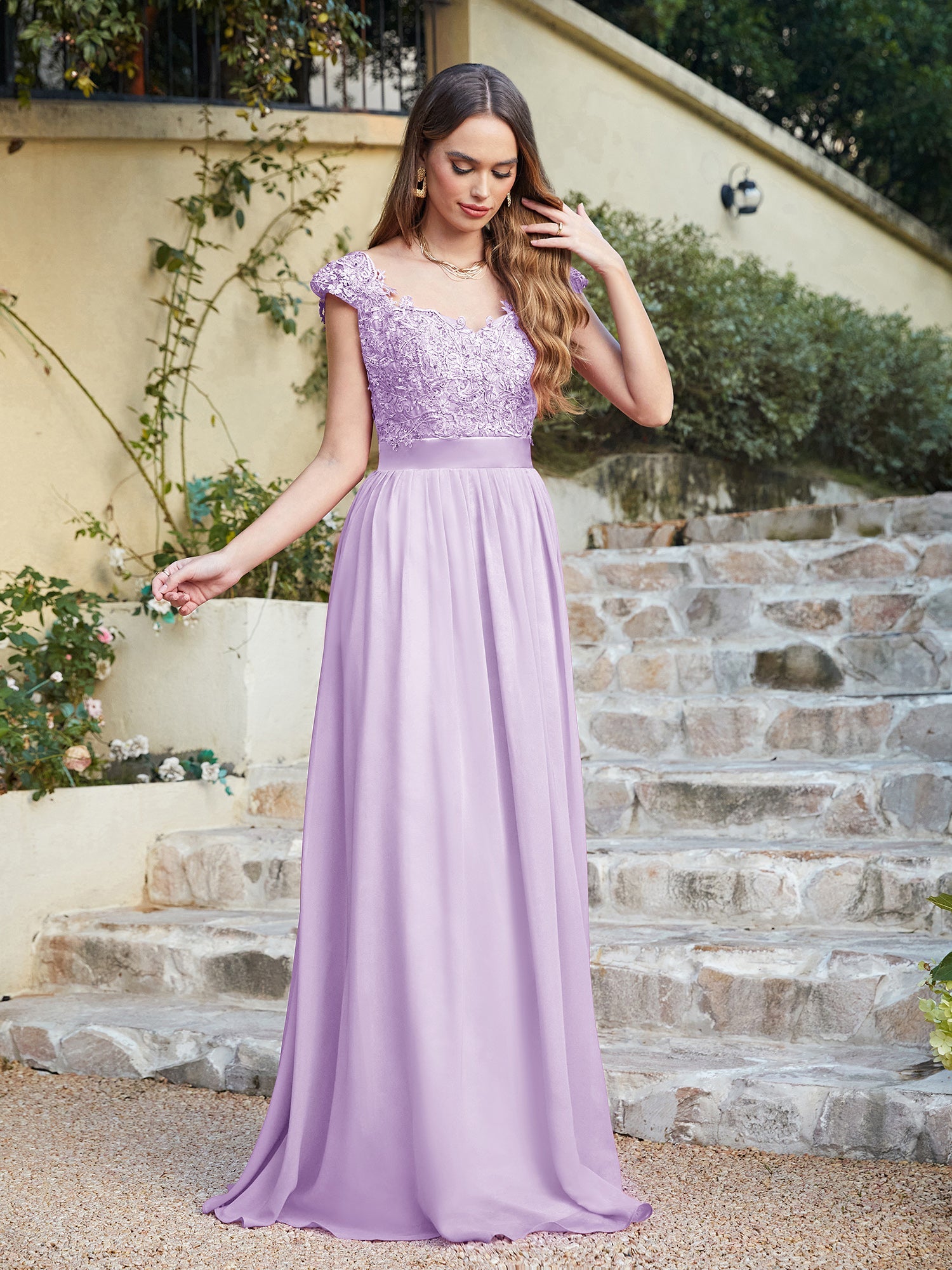 Long A line Scoop Neck Chiffon Floor Length Dress Lace Bridesmaid Dress - YESBABYONLINE