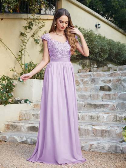 Long A line Scoop Neck Chiffon Floor Length Dress Lace Bridesmaid Dress - YESBABYONLINE