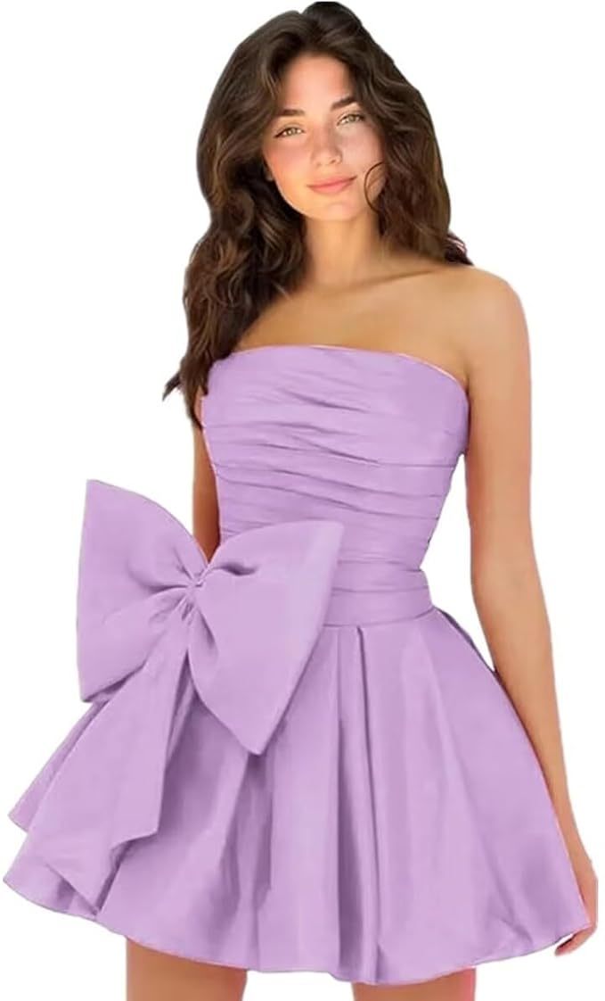 Chic Short A-line Sleeveless Strapless Ruched Lace Up Homecoming Dresses with Bow - YESBABYONLINE