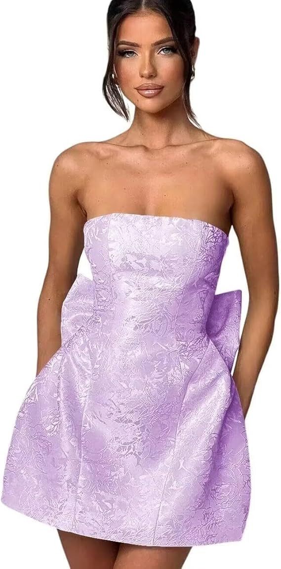 Strapless Short Ball Gown Sleeveless Lace up Jacquard Satin Homecoming Dress with Bow - YESBABYONLINE