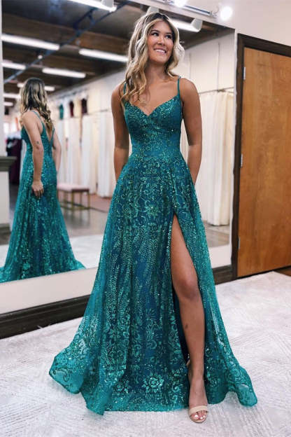 Long A line Tulle Lace Sleeveless Spaghetti Straps Prom Dress With Slit - YESBABYONLINE