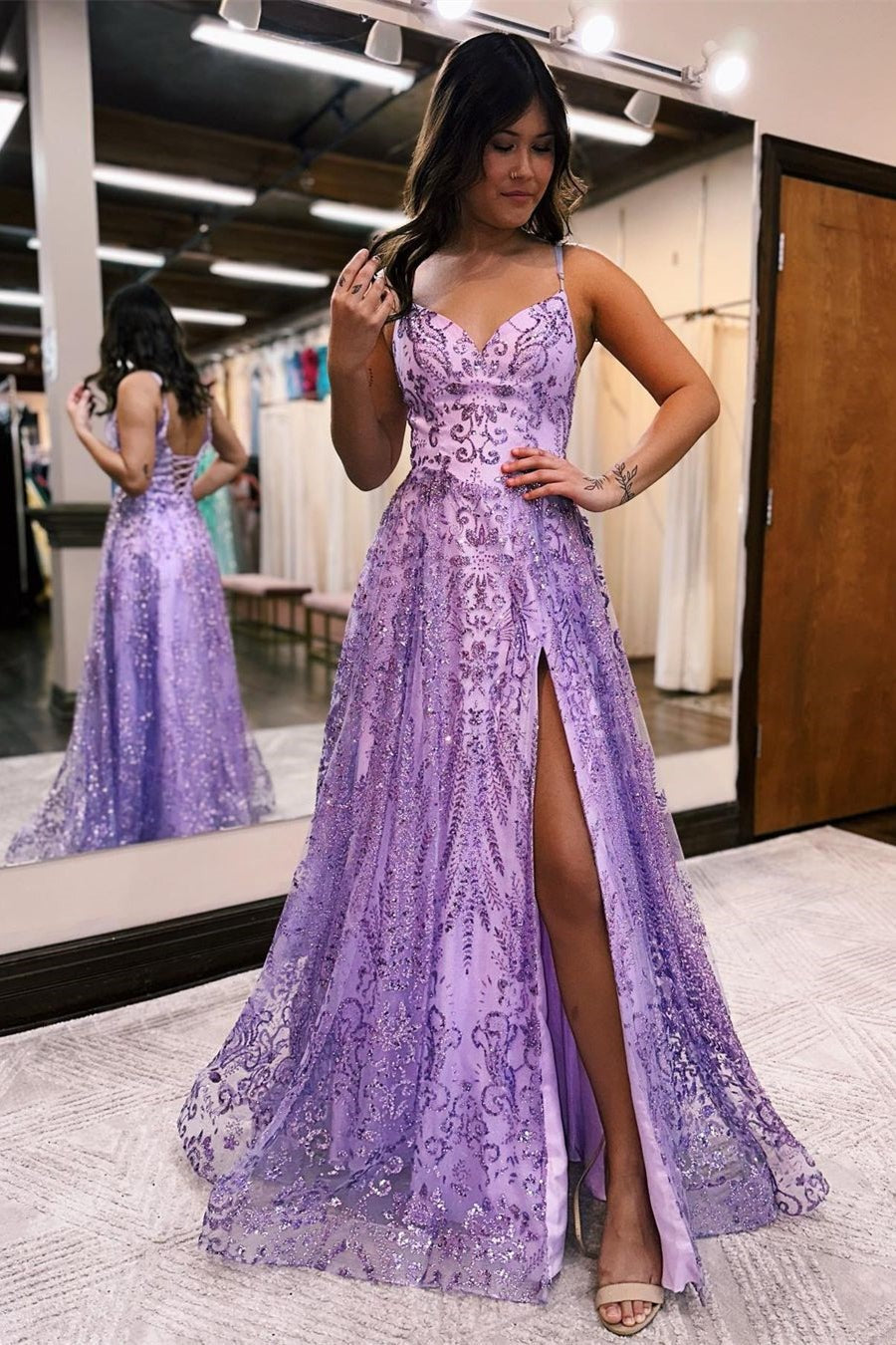 Long A line Tulle Lace Sleeveless Spaghetti Straps Prom Dress With Slit - YESBABYONLINE