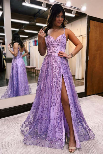 Long A line Tulle Lace Sleeveless Spaghetti Straps Prom Dress With Slit - YESBABYONLINE