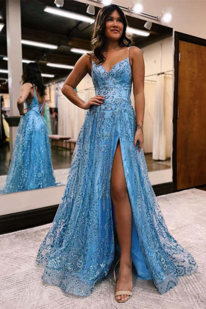 Long A line Tulle Lace Sleeveless Spaghetti Straps Prom Dress With Slit - YESBABYONLINE