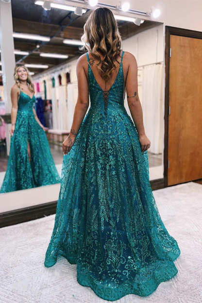 Long A line Tulle Lace Sleeveless Spaghetti Straps Prom Dress With Slit - YESBABYONLINE