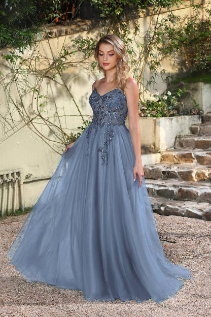 Long A-line V-neck Sleeveless Tulle Floor Length Prom Dresses