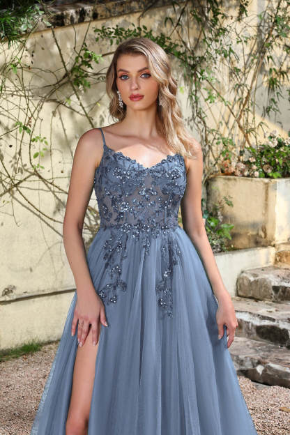 Long A-line V-neck Sleeveless Tulle Floor Length Prom Dresses