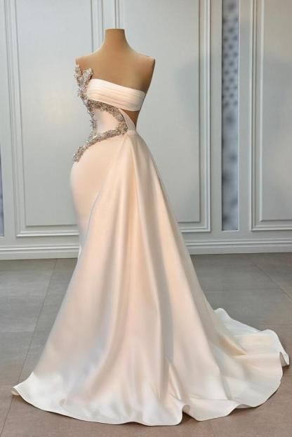 Long Mermmaid Strapless Beading Satin Sleeveless Ivory Prom Dress - YESBABYONLINE