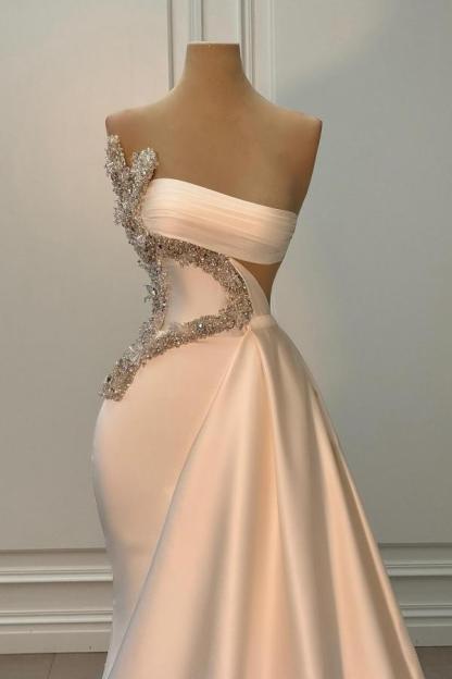 Long Mermmaid Strapless Beading Satin Sleeveless Ivory Prom Dress - YESBABYONLINE