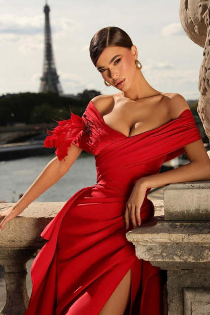 Long Off The Shoulder Satin Mermaid Evening Prom Dresses with Slit - YESBABYONLINE