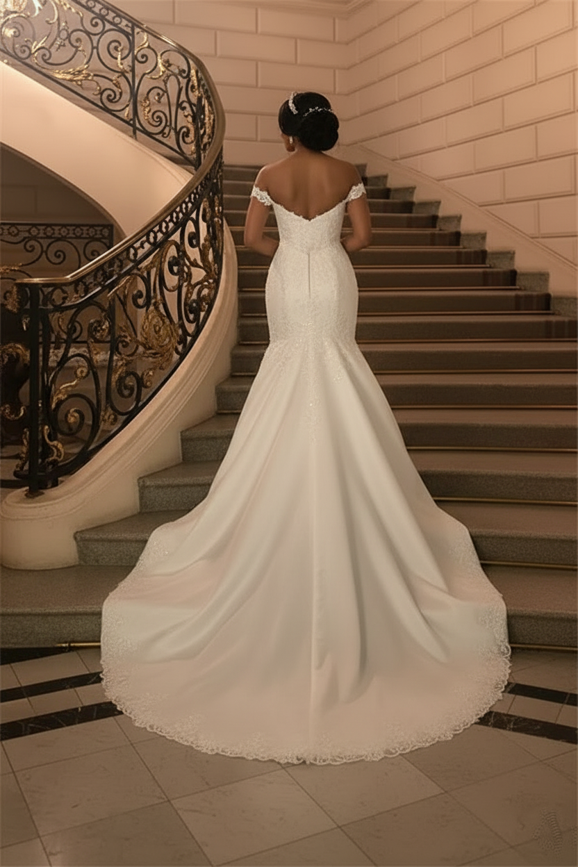 Long Mermaid Off-the-Shoulder Satin Appliques Lace Wedding Dress with Detachable Train