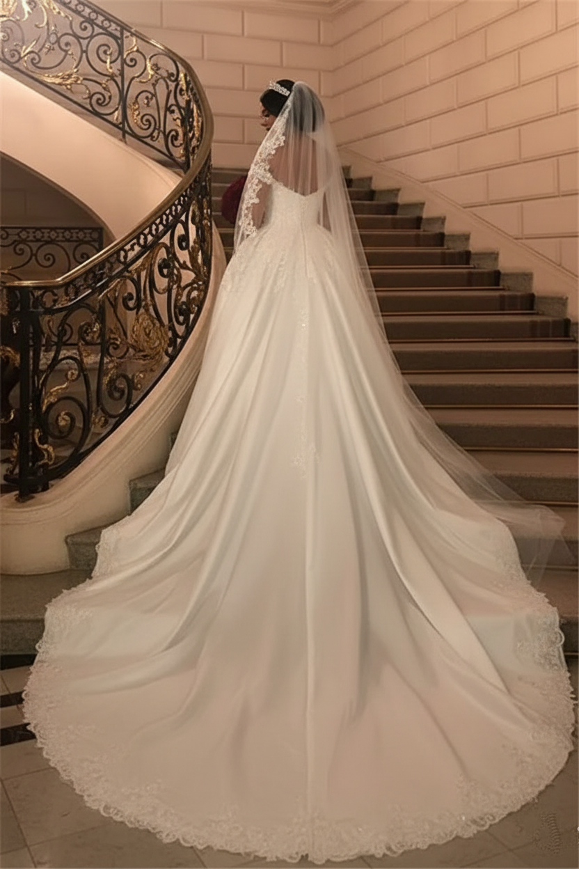 Long Mermaid Off-the-Shoulder Satin Appliques Lace Wedding Dress with Detachable Train