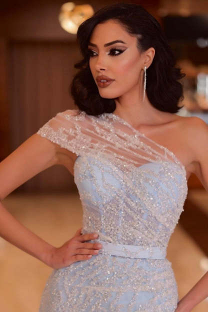 Long One Shoulder Satin Sequined Mermaid Formal Prom Dresses with Slit - YESBABYONLINE