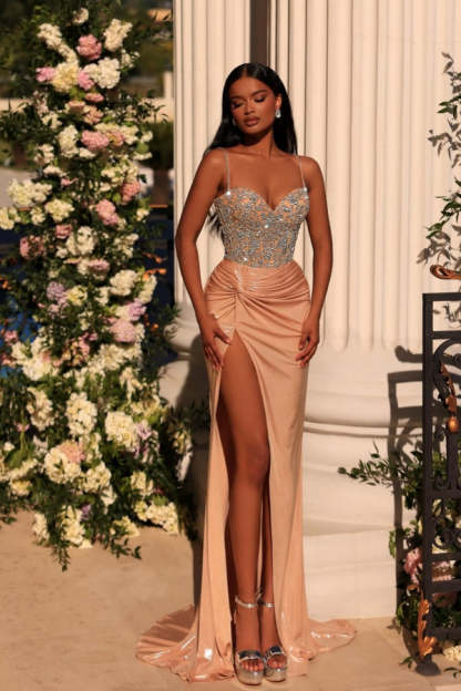 Long Spaghetti Straps Sweetheart Satin Mermaid Prom Dress With Slit - YESBABYONLINE