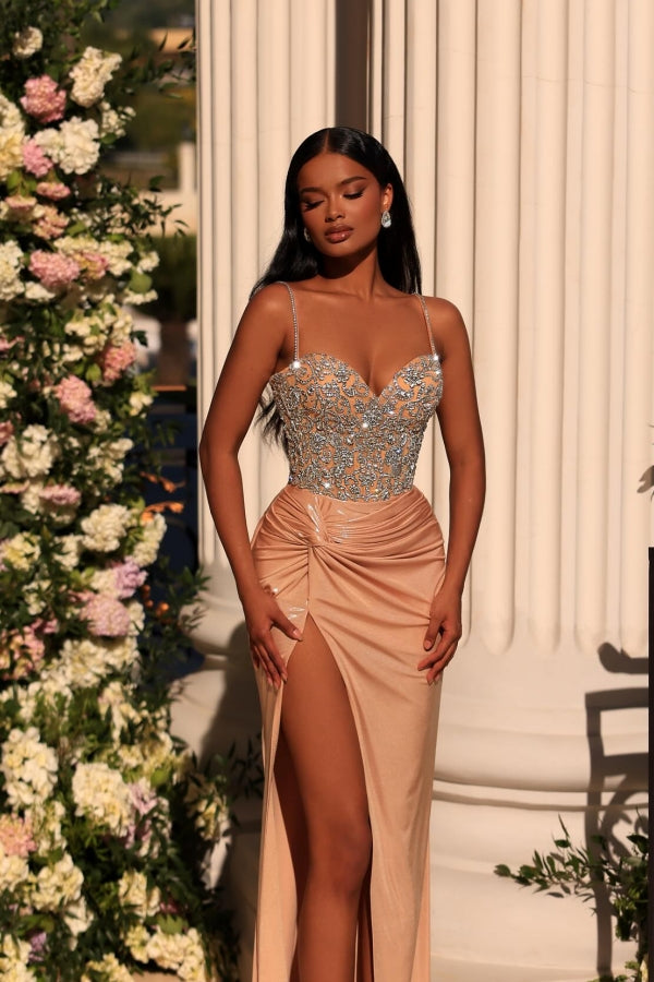 Long Spaghetti Straps Sweetheart Satin Mermaid Prom Dress With Slit - YESBABYONLINE