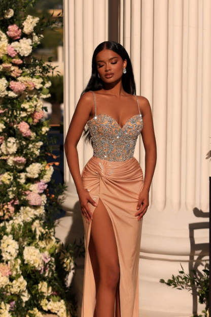Long Spaghetti Straps Sweetheart Satin Mermaid Prom Dress With Slit - YESBABYONLINE