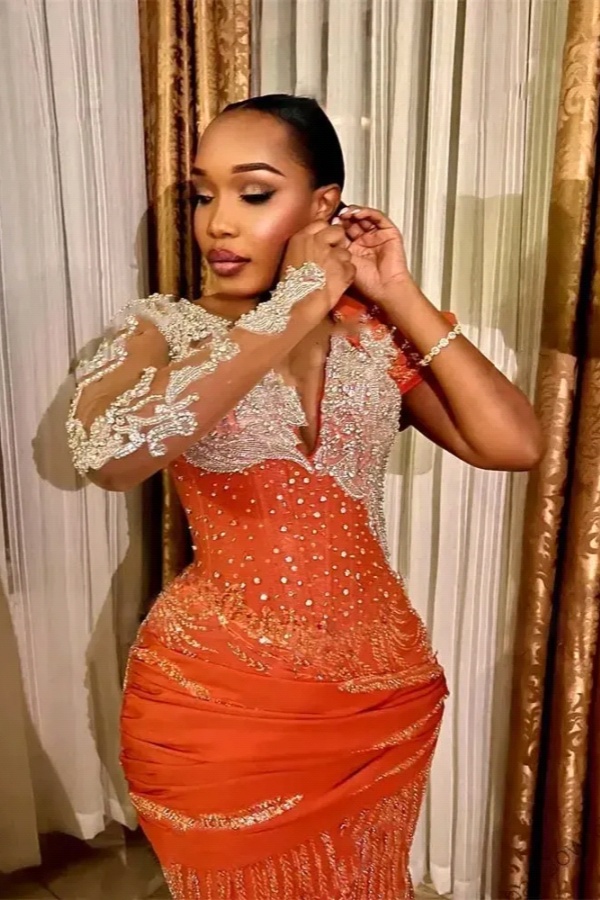 Long Mermaid V-neck Satin Beaded Formal Prom Dresses with Sleeves