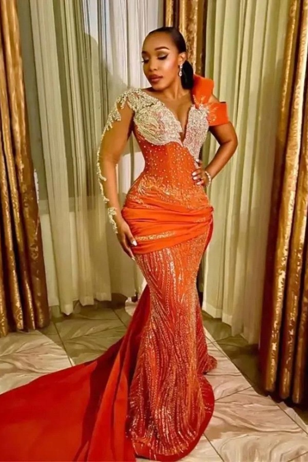 Long Mermaid V-neck Satin Beaded Formal Prom Dresses with Sleeves