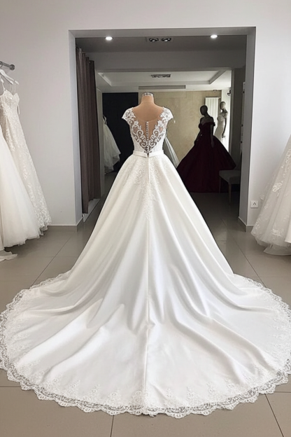 Long Mermaid V-neck Satin Lace Wedding Dresses with Detachable Train