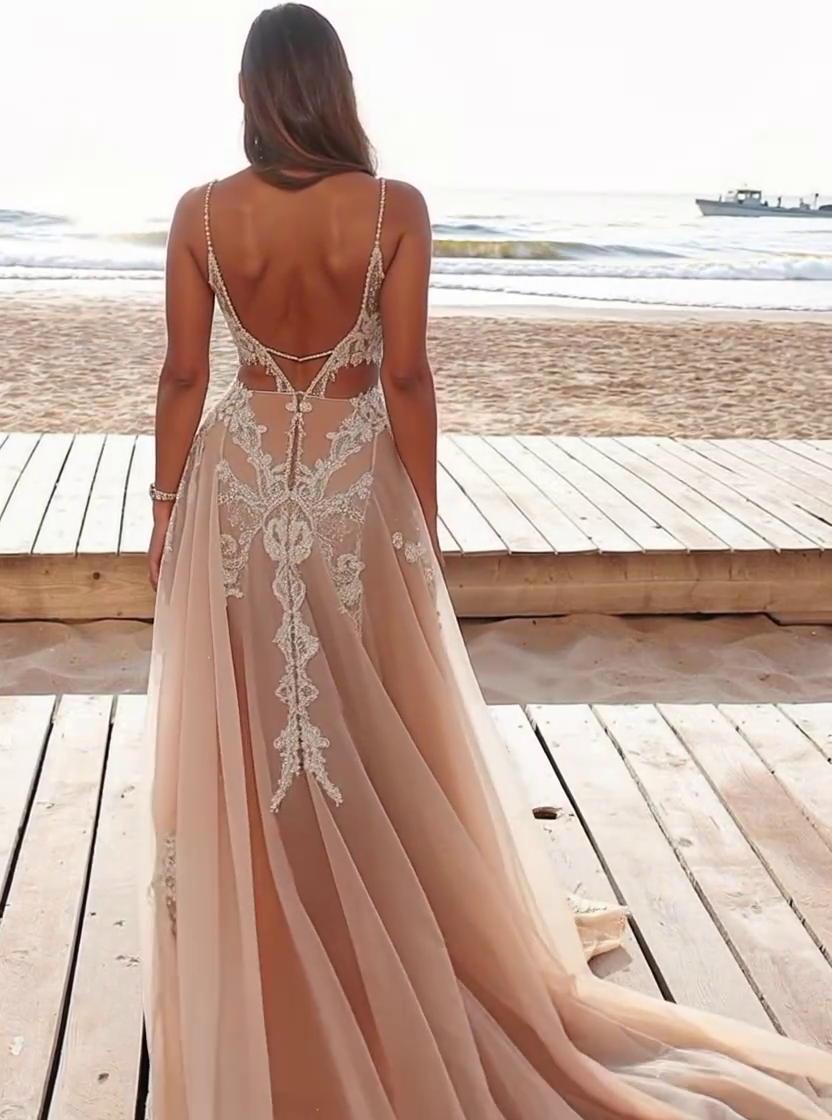 Long Mermaid V-neck Spaghetti Straps Tulle Lace Formal Prom Dresses with Slit